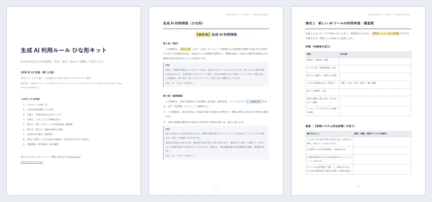 ひな形キットの見本。表紙、生成AI利用規程の第1条・第2条と解説、様式1の利用申請・審査票のページ